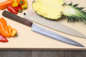 Yoshihiro VG-10 46 Layers Hammered Damascus Sujihiki Japanese Slicer Knife (Octagonal Rosewood Handle) (9.5" (240mm))
