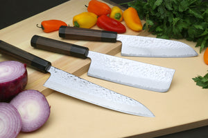 Yoshihiro Inox Stain-resistant Aus-10 Hammered Damascus Stainless Steel Ice Hardened Knife 3PC Set (Gyuto, Santoku, Nakiri)