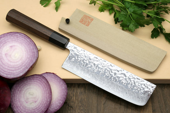 Yoshihiro Inox Stain-resistant Aus-10 Hammered Damascus Stainless Steel Ice Hardened Nakiri Vegetable Knife Shitan Handle