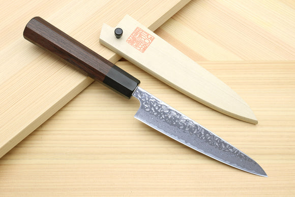 Yoshihiro Inox Stain-resistant Aus-10 Hammered Damascus Stainless Steel Ice Hardened Petty Utility Knife Shitan Handle