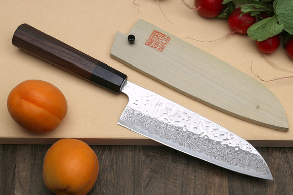 Yoshihiro Inox Stain-resistant Aus-10 Hammered Damascus Stainless Steel Ice Hardened Santoku Multipurpose Chef Knife Shitan Handle