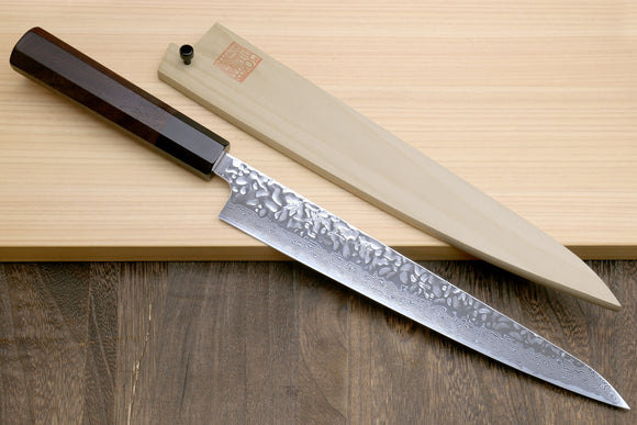 Yoshihiro Inox Stain-resistant Aus-10 Hammered Damascus Stainless Steel Ice Hardened Sujihiki Slicer Rosewood Handle