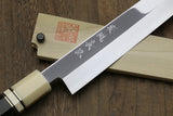 Yoshihiro Powdered High Speed Stainless Steel Mirror Polished Yanagi Sashimi Knife Triple Nickel Silver Ring Corian Handle Magnolia Saya Cover