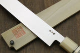 Yoshihiro Powdered High Speed Stainless Steel Mirror Polished Yanagi Sashimi Knife Triple Nickel Silver Ring Corian Handle Magnolia Saya Cover