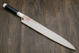 Yoshihiro Powdered High Speed Stainless Steel Mirror Polished Yanagi Sashimi Knife Triple Nickel Silver Ring Corian Handle Magnolia Saya Cover