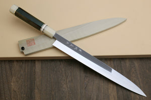 Yoshihiro Powdered High Speed Stainless Steel Mirror Polished Yanagi Sashimi Knife Triple Nickel Silver Ring Corian Handle Magnolia Saya Cover
