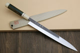 Yoshihiro Powdered High Speed Stainless Steel Mirror Polished Yanagi Sashimi Knife Triple Nickel Silver Ring Corian Handle Magnolia Saya Cover