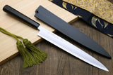 Yoshihiro Powdered High Speed Stainless Steel Yanagi Sashimi Knife Ebony Handle with Nuri Saya
