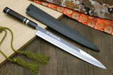 Yoshihiro Powdered High Speed Stainless Steel Mirror Polished Yanagi Sashimi Knife Triple Nickel Silver Ring Ebony Handle