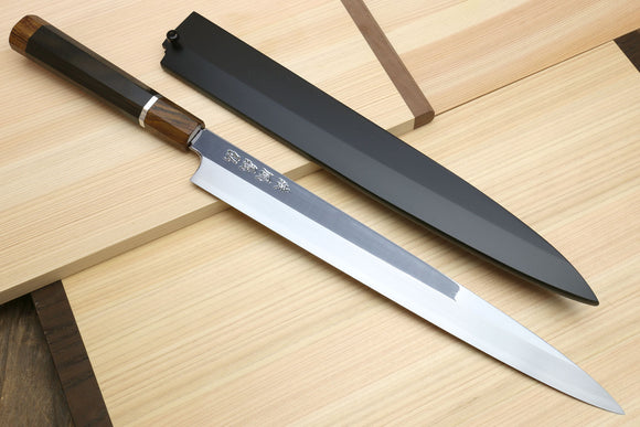 Yoshihiro SVG-10 Semi-Stainless Steel Mirror Finished Yanagi Sushi Sashimi Japanese Knife Ebony Handle with Sterling Silver Ring