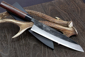 Yoshihiro Mizu Yaki Blue Steel #2 Kurouchi Gyuto Japanese Chefs knife (Round Shape Shitan Handle) with Nuri Saya
