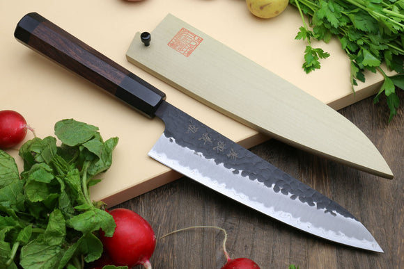Yoshihiro Hammered Kurouchi Super Blue Steel Stainless Clad Gyuto Multipurpose Japanese Chef Knife with Shitan Handle