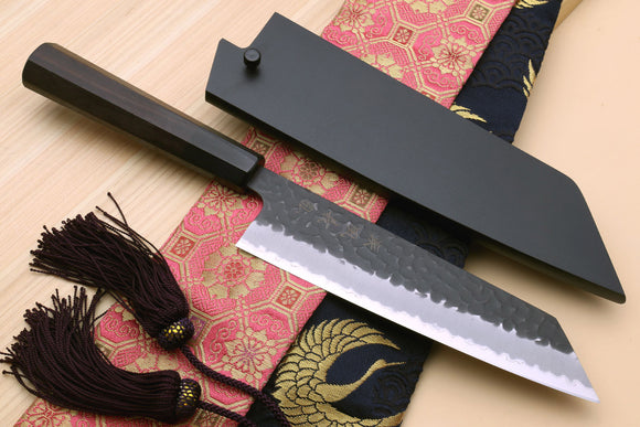 Yoshihiro Hammered Kurouchi Super Blue Steel Stainless Clad Kiritsuke Multipurpose Japanese Chef Knife with Shitan Handle