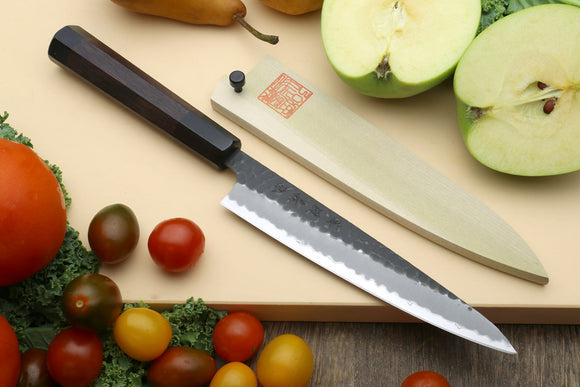 Yoshihiro Hammered Kurouchi Super Blue Steel Stainless Clad Petty Utility Knife with Shitan Handle