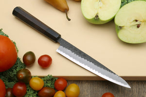 Yoshihiro Hammered Kurouchi Super Blue Steel Stainless Clad Petty Utility Knife with Shitan Handle