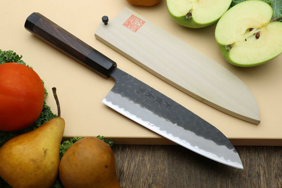 Yoshihiro Hammered Kurouchi Super Blue Steel Stainless Clad Santoku Multipurpose Chef Knife with Shitan Handle