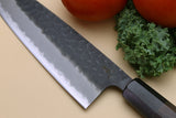 Yoshihiro Hammered Kurouchi Super Blue Steel Stainless Clad Santoku Multipurpose Chef Knife with Shitan Handle