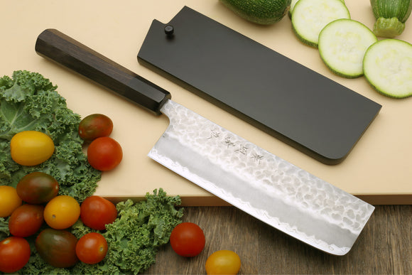 Yoshihiro Hammered Super Blue Steel Stainless Clad Nakiri Vegetable Knife