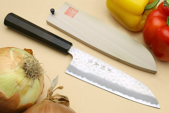 Yoshihiro Hammered Super Blue Steel Stainless Clad Santoku Multipurpose Chef Knife