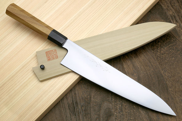 Yoshihiro VG-1 Gold Stainless Steel Gyuto Japanese Chefs Knife Ambrosia Handle with Saya Cover