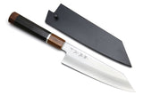 Yoshihiro Hiryu Ginsan High Carbon Stainless Steel Kiritsuke Multipurpose Knife Silver Ring Ebony Handle with Nuri Saya Cover