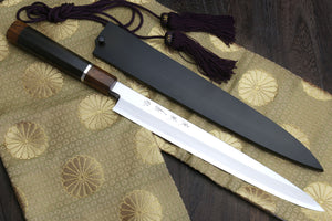 Yoshihiro Ginsanko Mirror Polished Stain Resistant Steel Yanagi Sushi Sashimi Japanese Knife Ebony Handle with Silver Ring