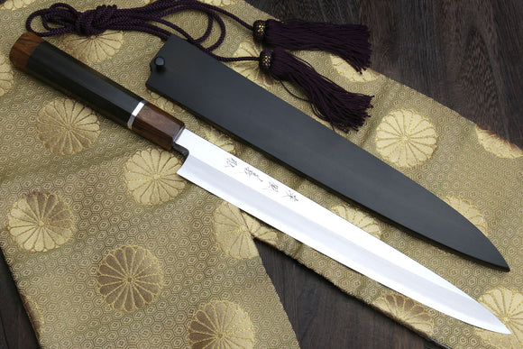 Yoshihiro Ginsanko Mirror Polished Stain Resistant Steel Yanagi Sushi Sashimi Japanese Knife Ebony Handle with Silver Ring