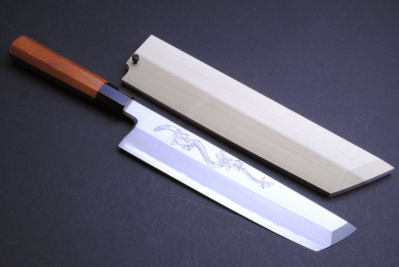 Yoshihiro Aonamiuchi Hamokiri 270mm Japanese Eel Bone Slicer Knife Artisan Hand Engraved Unagi Nobori Climbing Eel Yew Handle