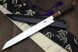 Yoshihiro Ginsan Mirror Polished Stain Resistant Steel Yanagi Kiritsuke Sushi Sashimi Japanese Knife Ebony Handle with Silver Ring