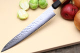 Yoshihiro VG-10 46 Layers Hammered Damascus Sujihiki Japanese Slicer Knife (Octagonal Ambrosia Handle) (9.5" (240mm))