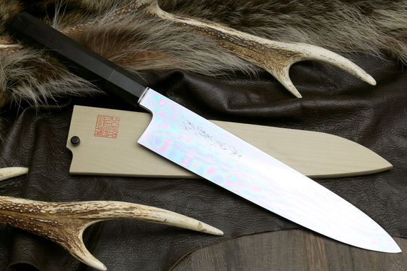 Yoshihiro Mizu Yaki Honyaki Blue Steel #2 Mirror Polished Wa Gyuto Japanese Chef Knife Ebony Handle
