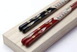 Japanese Premium Chopsticks Black & Red 2pc Set with traditonal pattern in fine Japanese paulownia wood case
