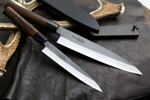 Yoshihiro Black Finish Blue Steel #2 Kurouchi 2pc Set Japanese Chef Knife Gyuto ,Petty with Nuri Saya