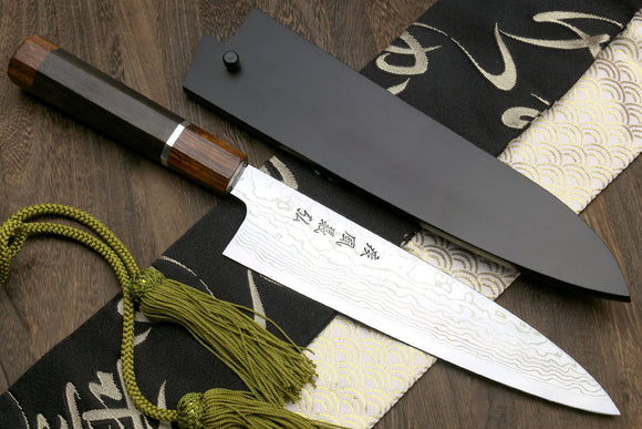 Yoshihiro Hayate ZDP-189 Super High Carbon Stainless Steel Suminagashi Gyuto Chef Knife Octagonal Ebony Wood Handle with Sterling Silver Ring