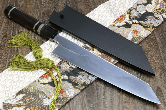 Yoshihiro Mizu Yaki White Steel #2 Honyaki Mirror-Finished Mt. Fuji with Crescent Moon Kiritsuke Multipurpose Chefs Knife Oct. Ebony Triple Nickel Silver Ring Handle and Ebony Saya
