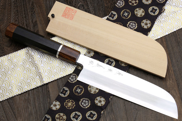 Yoshihiro  Ginsanko Mirror Polished Stain Resistant Kama Usuba Traditional Japanese Vegetable Chopping Chef Knife Ebony Handle with Silver Ring