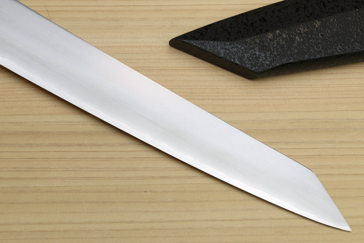 Kiritsuke slicer knife tip with white blade and smooth dark ebony handle