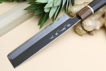 Japanese vegetable knife with ebony handle and engraved mirror-polished blade