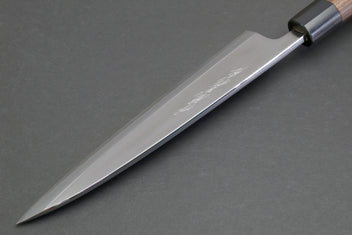Japanese filet knife with brushed steel blade and dark handle