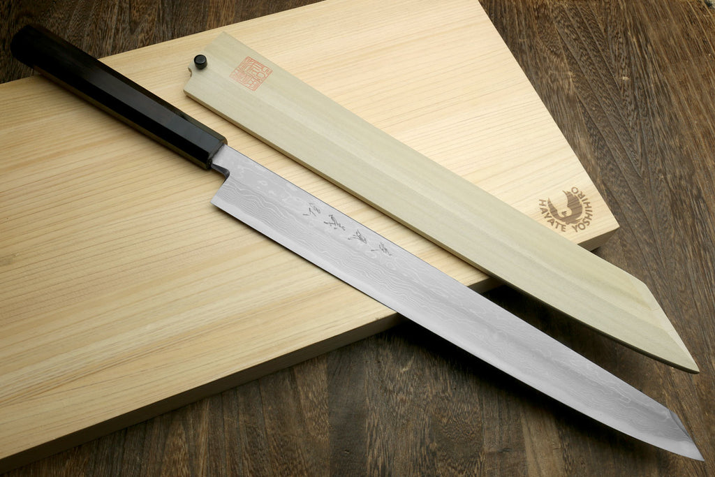 Yoshihiro Hayate Suminagashi Blue Steel #1 Yanagi Kiritsuke Sushi Sashimi Japanese Knife Ebony Handle