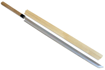 Single-edged tuna knife with long steel blade and light wood handle
