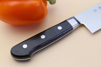 Chef knife with black handle and silver blade, rivets and curved bolster