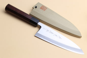 Deba fish fillet chef knife, light steel blade, dark shitan handle, side view