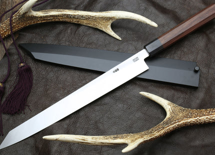Yoshihiro Hongasumi Blue Steel Yanagi-Kiritsuke Sushi Sashimi Japanese Knife Rosewood Handle with Nuri Saya Cover