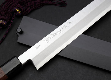 Yoshihiro Hongasumi Blue Steel Yanagi-Kiritsuke Sushi Sashimi Japanese Knife Rosewood Handle with Nuri Saya Cover