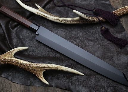 Yoshihiro Hongasumi Blue Steel Yanagi-Kiritsuke Sushi Sashimi Japanese Knife Rosewood Handle with Nuri Saya Cover