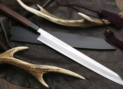 Yoshihiro Hongasumi Blue Steel Yanagi-Kiritsuke Sushi Sashimi Japanese Knife Rosewood Handle with Nuri Saya Cover