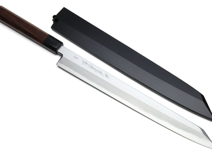 Yoshihiro Hongasumi Blue Steel Yanagi-Kiritsuke Sushi Sashimi Japanese Knife Rosewood Handle with Nuri Saya Cover