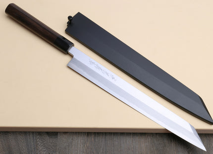 Yoshihiro Hongasumi White Steel Yanagi-Kiritsuke Sushi Sashimi Japanese Knife Rosewood Handle with Nuri Saya Cover