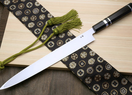 Yoshihiro Honyaki Aoko Blue Steel Mirror Finished Yanagi Sushi Sashimi Japanese knife with Triple Nickel Silver Ring Ebony Handle
